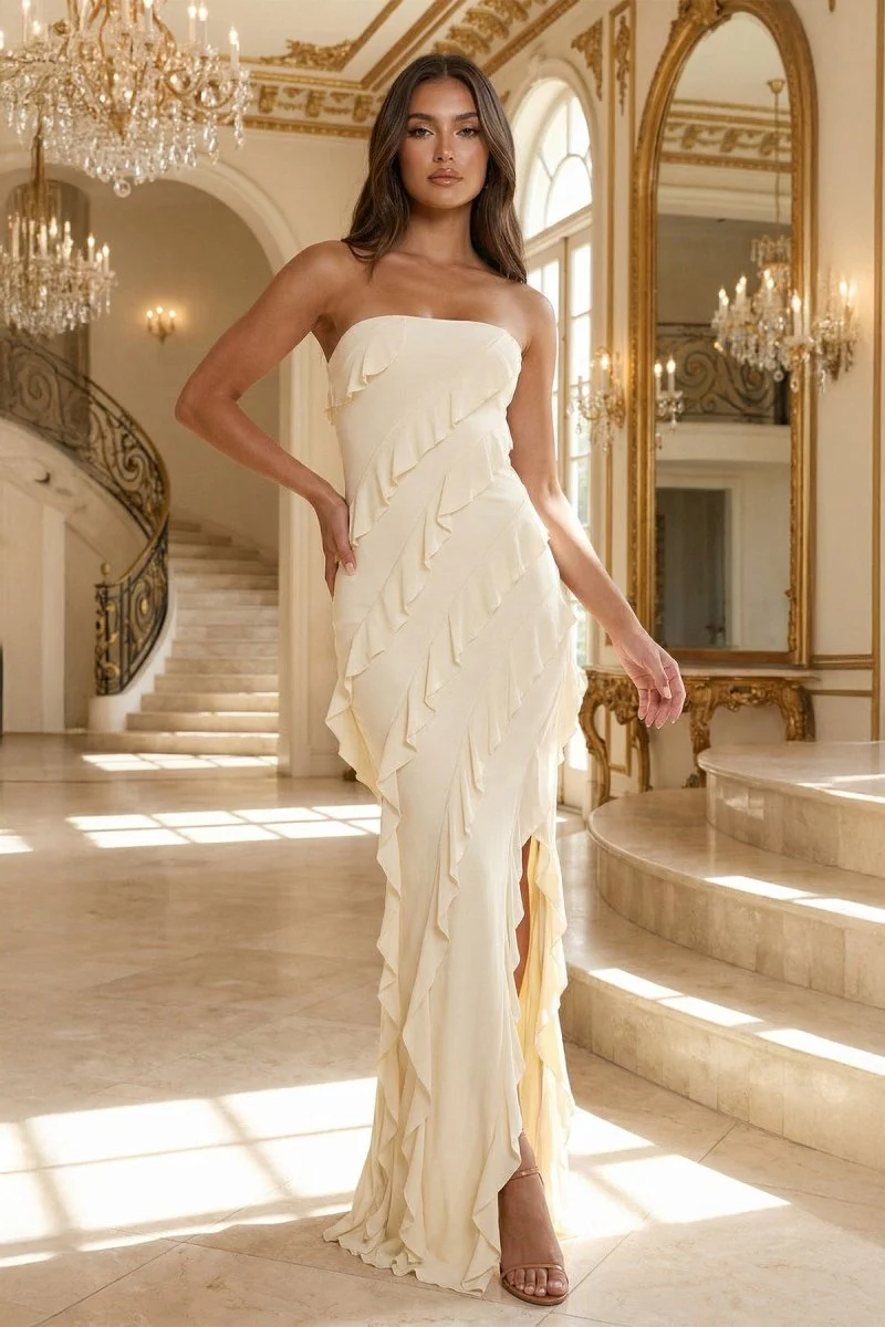 Pink - Sheath Strapless Chiffon Long Prom Dresses With Ruffles