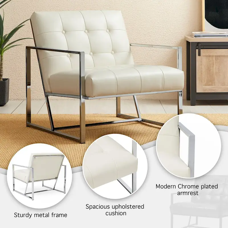 30.50H Cream Mid-Century PU Leather Tufted Accent Chair with Chrome Plated Frame