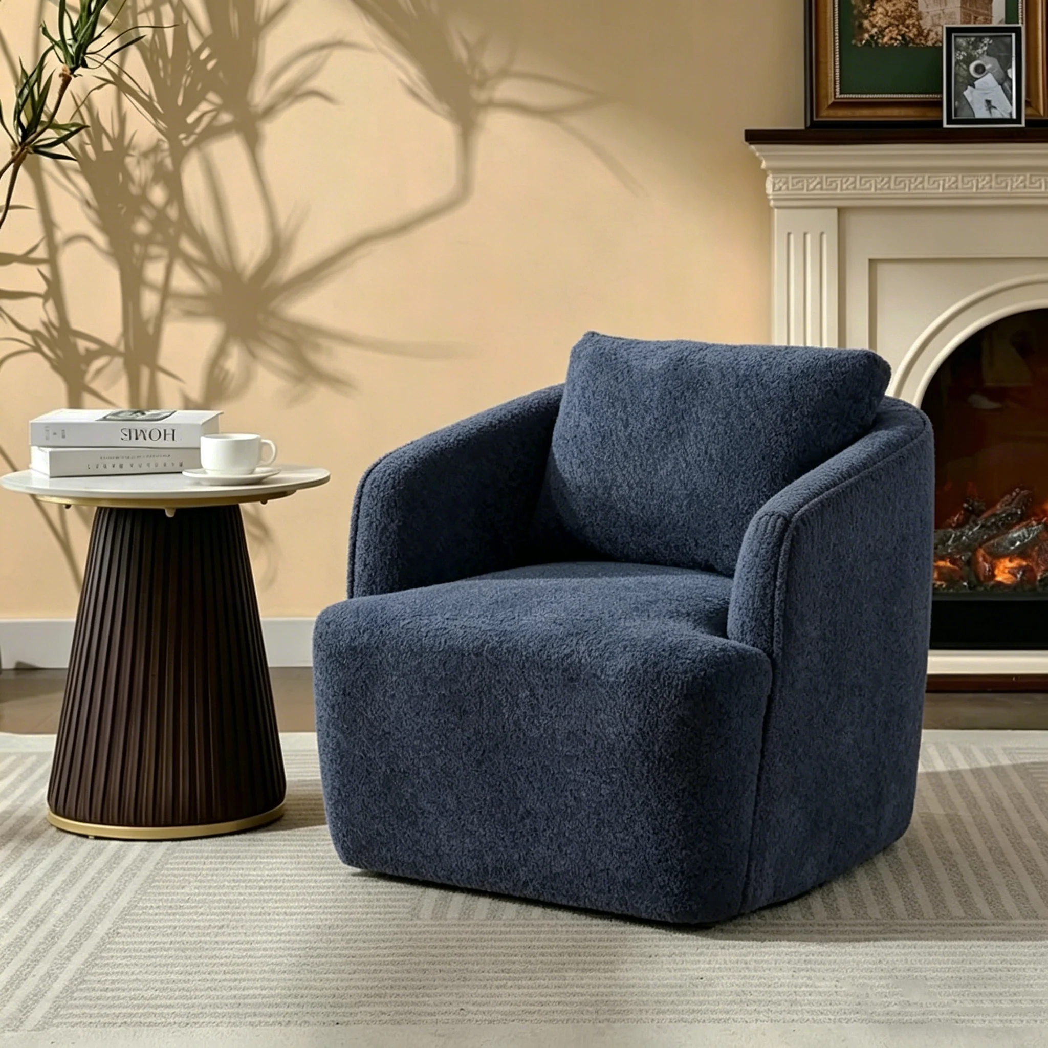 Boucle Fabric Upholstered Swivel Barrel Armchair With Pillow