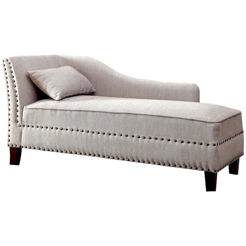 Dark Teal / Grey / Beige Linen Fabric Chaise Lounge with Nailhead Trim – Transitional Style, Seats 1