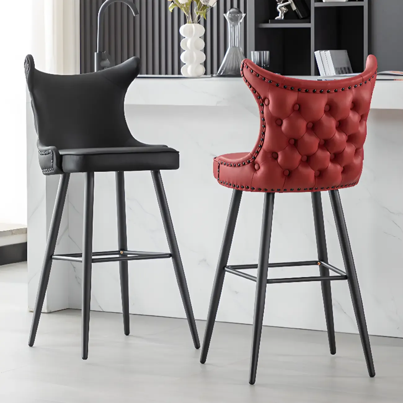 Tufted Four Legs Leather Wingback Counter Bar Stools