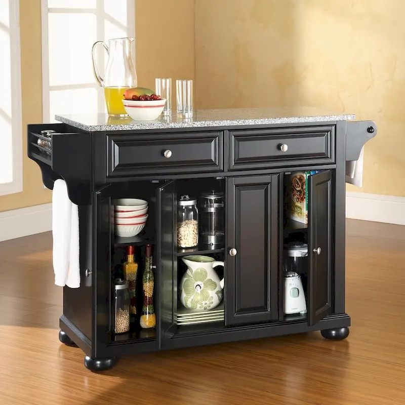 Black Stationary Kitchen Island with Granite Top, 1-Person