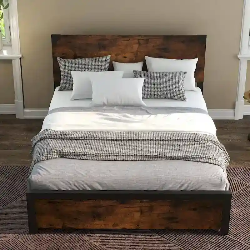 Rustic Queen Size Bed Frame with Wood Headboard