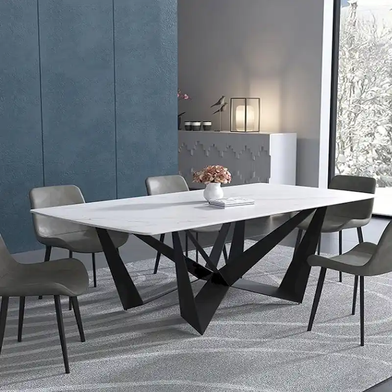 White Sintered Stone Dining Table with Steel Base