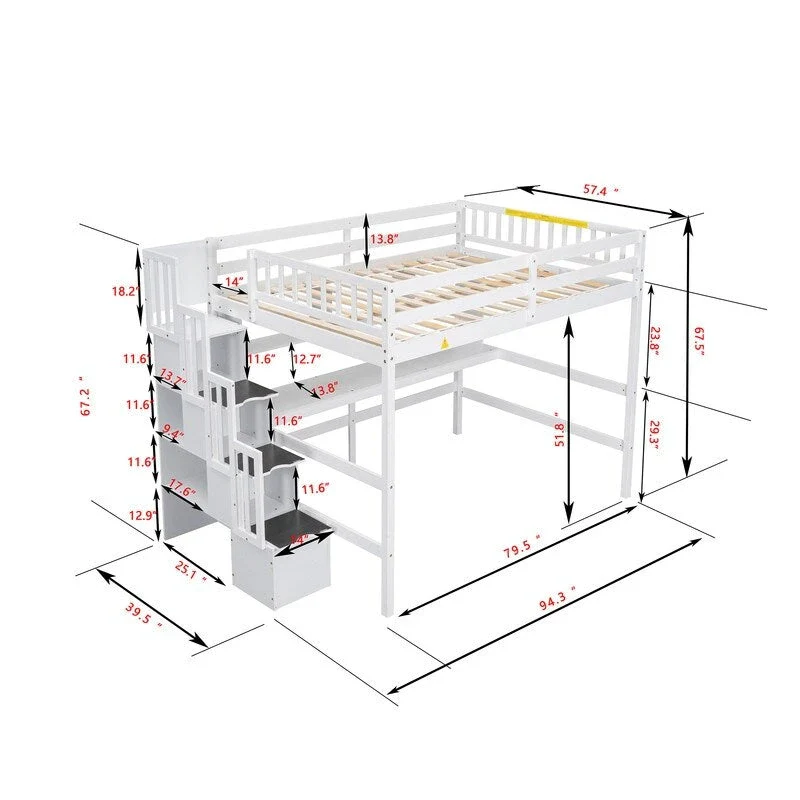 Wood Loft Bed with Built-in Desk,Bookshelves and Storage Staircase,Full Size