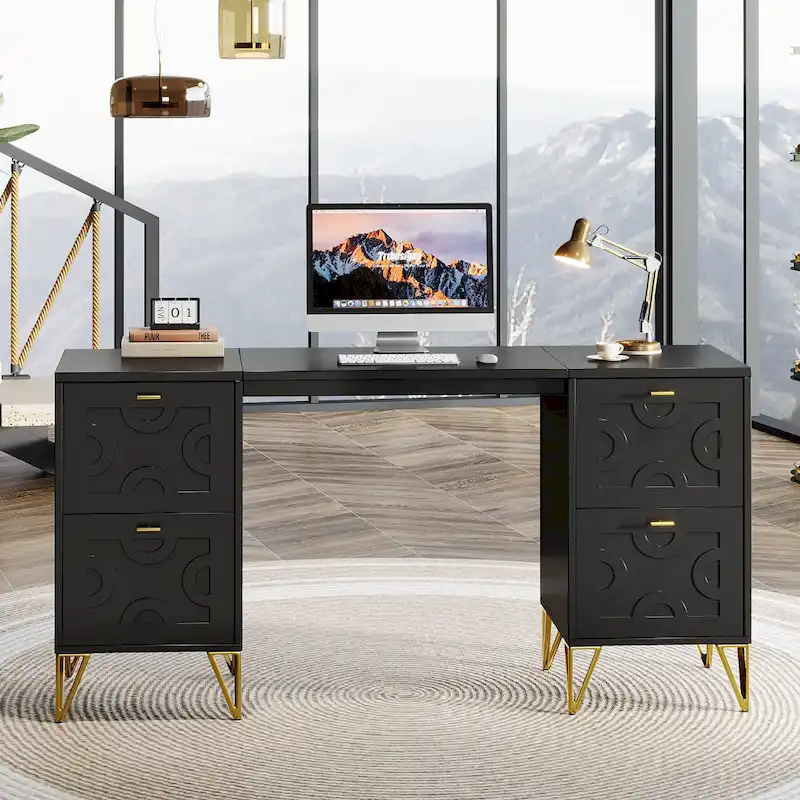 White Computer Desk with File Drawers, 59 Modern Home Office Desk