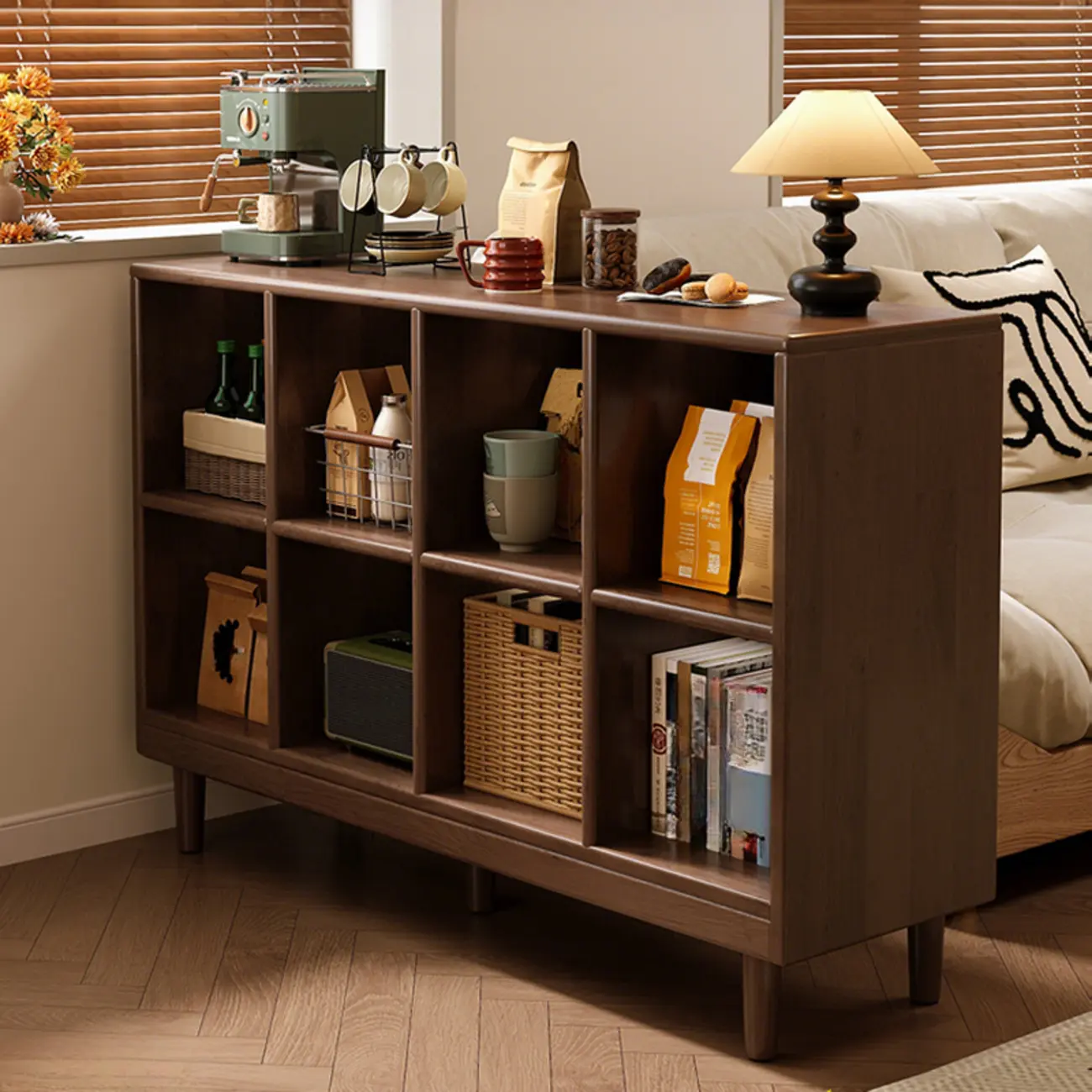 Brown Natural Wood Freestanding Modular Cube Bookcase
