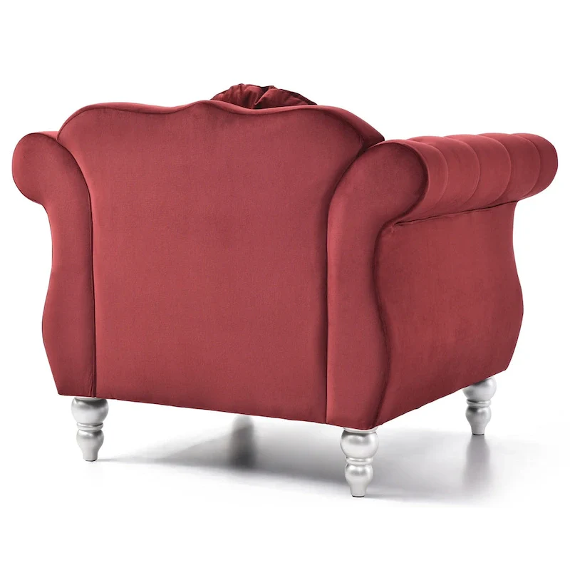 Solid Velvet Accent Chair with Tufted Round Pillow - 39  - Red