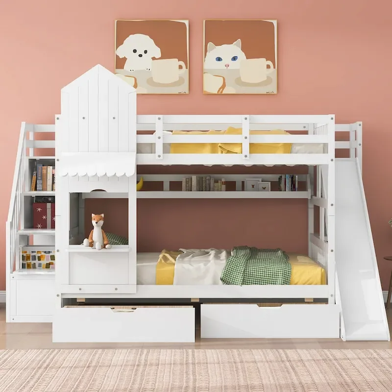 Full-Over-Full Castle Style Bunk Bed with 2 Drawers 3 Shelves and Slide for Kids Teens Adults Space-Saving, Easy Assembly