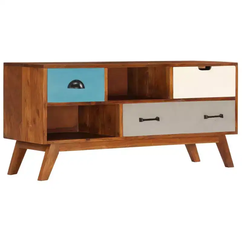 vidaXL Solid Wood Acacia TV Stand with Dark Honey Finish - Retro Style, 3 Drawers, 2 Storage Compartments, Unique Wood Grains, Easy Assembly