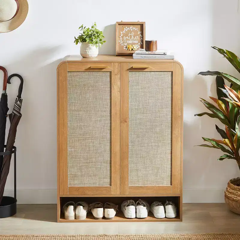 TUYOHW 6-Tier Rattan Shoe Storage Cabinet with Adjustable Shelves, Wooden Shoe Rack, Multi-scene Shoe Organizer for Home Living Spaces
