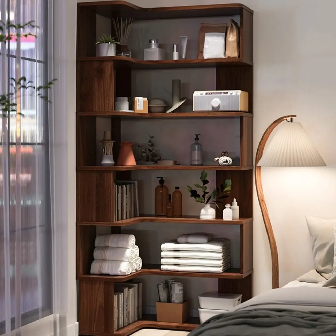 6-Tier L-Shaped Wood Nut-Brown Open Corner Bookcase