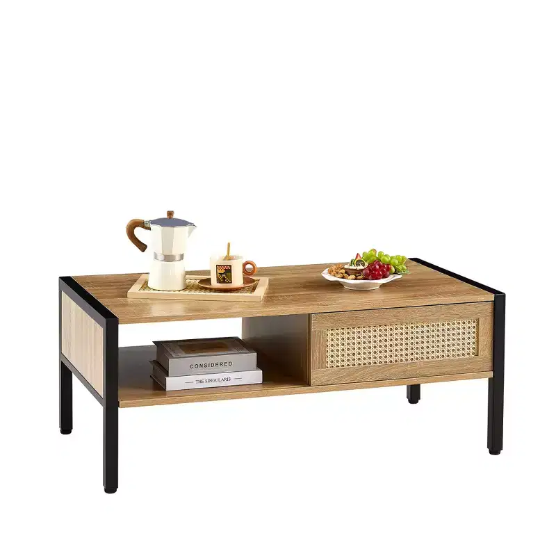 Rattan Coffee Table with Solid Wood/Metal Legs and Sliding Door for Storage, Cocktail Table Center Table Sofa Table - ModernLuxe