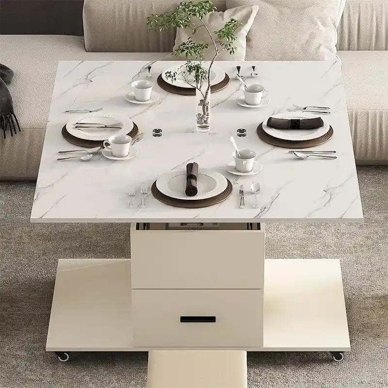 Modern Lift-Up Coffee Table with 4 Stools and 2 Drawers