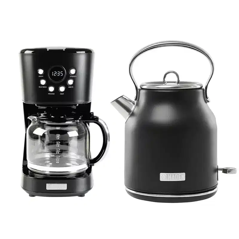 Haden Heritage Coffee Machine, 12 Cup Drip Coffee Maker Bundled with Heritage 1.7 Liter Stainless Steel Electric Kettle, Black  Chrome