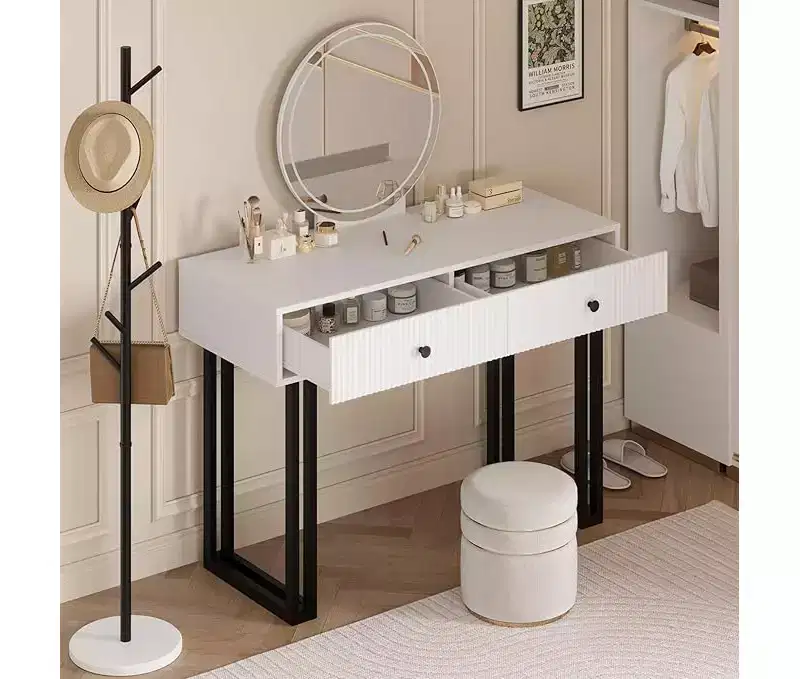 Vanity Makeup Desk with Round Mirror, 40 Small Modern White Vanity Desk ,Dressing Table with 2 Drawers, Girls Compact Vanity Desk for Bedroom