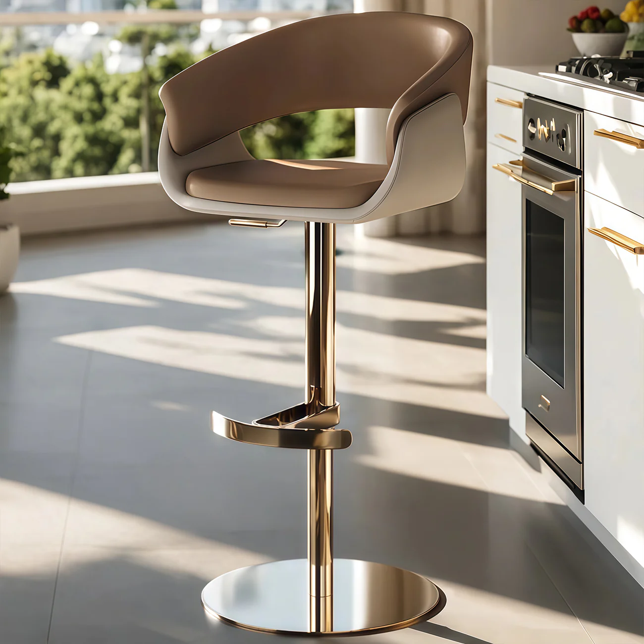 Brown Swivel Genuine Leather Counter Stools with Backs