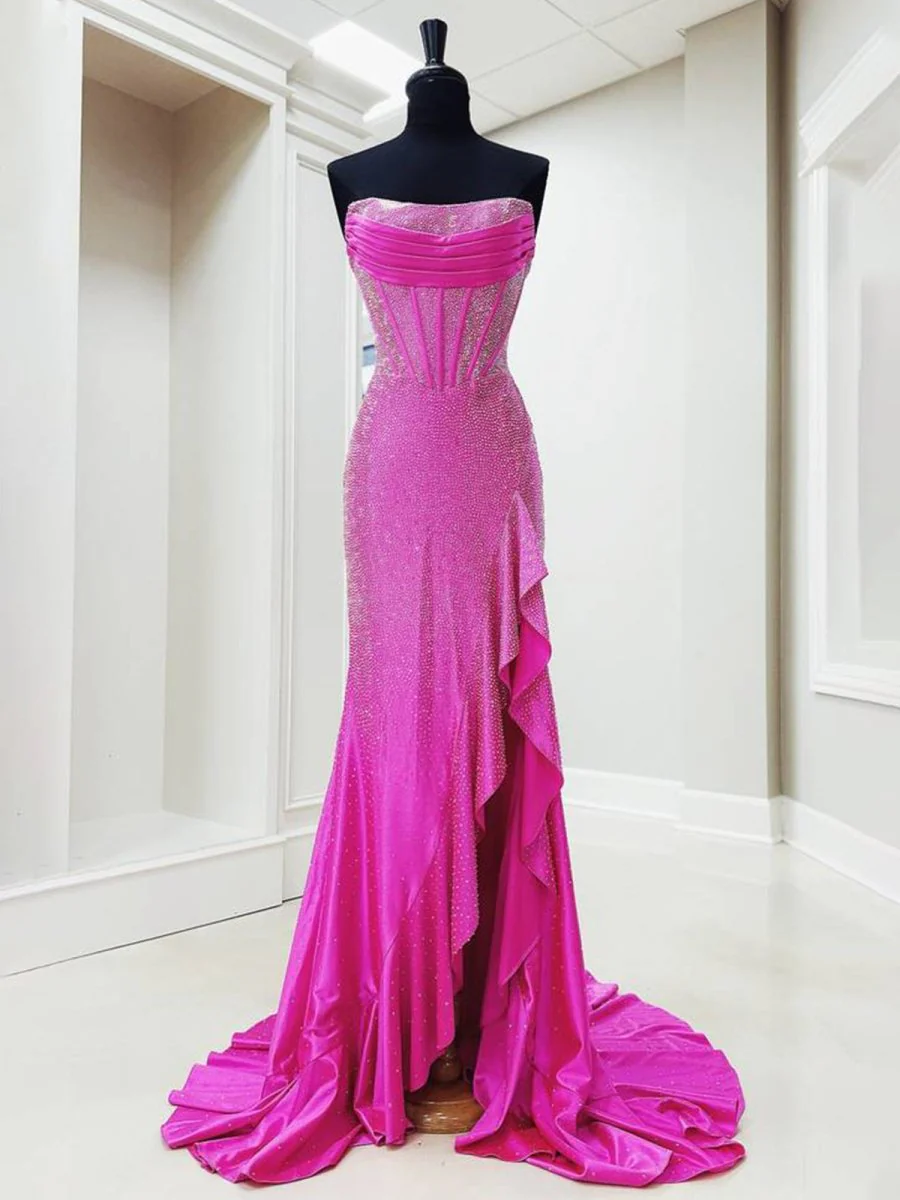Mermaid Strapless Asymmetrical Beaded Long Prom Dress with Slit