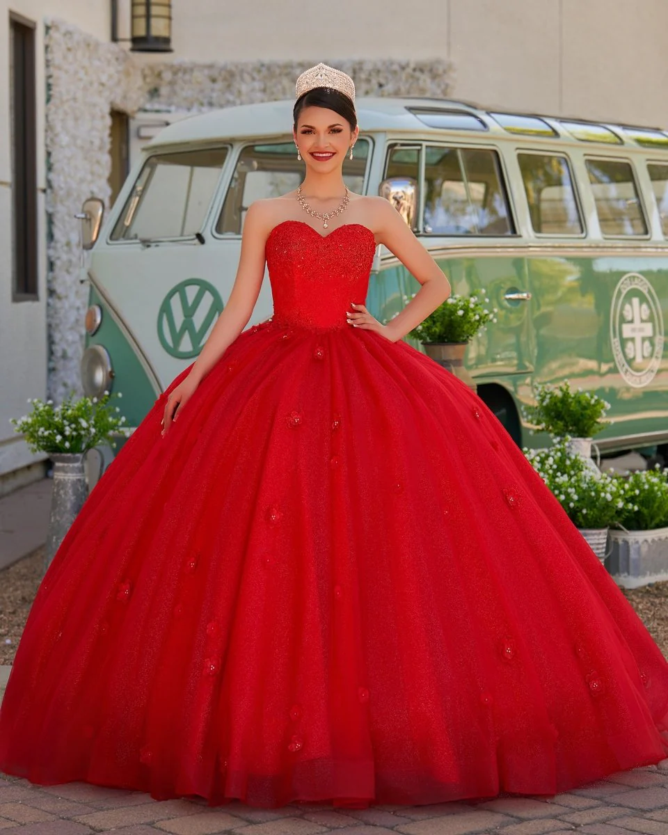 Red 3D Flowers Glitter Sequins Sleeveless Quinceanera Dresses