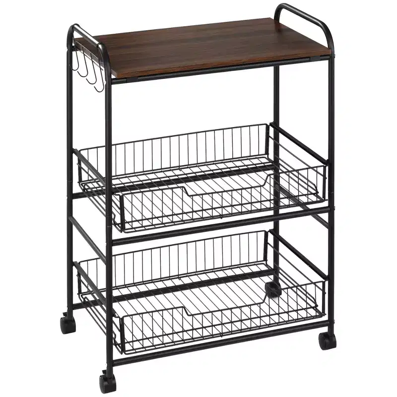 HOMCOM 24 3-Tier Rolling Kitchen Cart, Utility Storage Trolley with 2 Basket Drawers, Side Hooks for Dining Room, Walnut Wood Tone