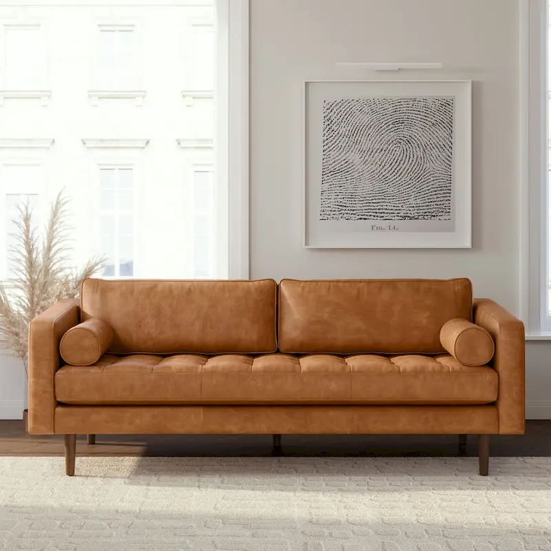 Madagascar Cocoa / Cognac Tan / Midnight Blue / Onyx Black / Slate Grey / Cocoa Brown / Olivine Green Italian Leather Sofa with Feather Down Cushions - Fits 3 People