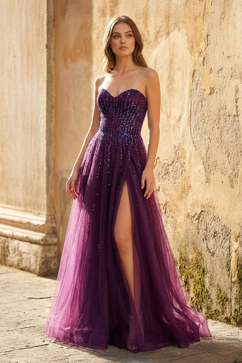 Sweetheart A-line Plum Tulle Prom Dress with Slit