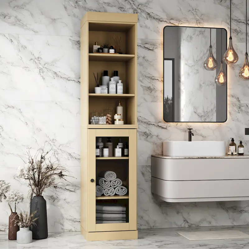 Palace Imports 100% Solid Wood 16.5 Bathroom Storage Cabinet with Clear Glass Doors and Adjustable Shelves