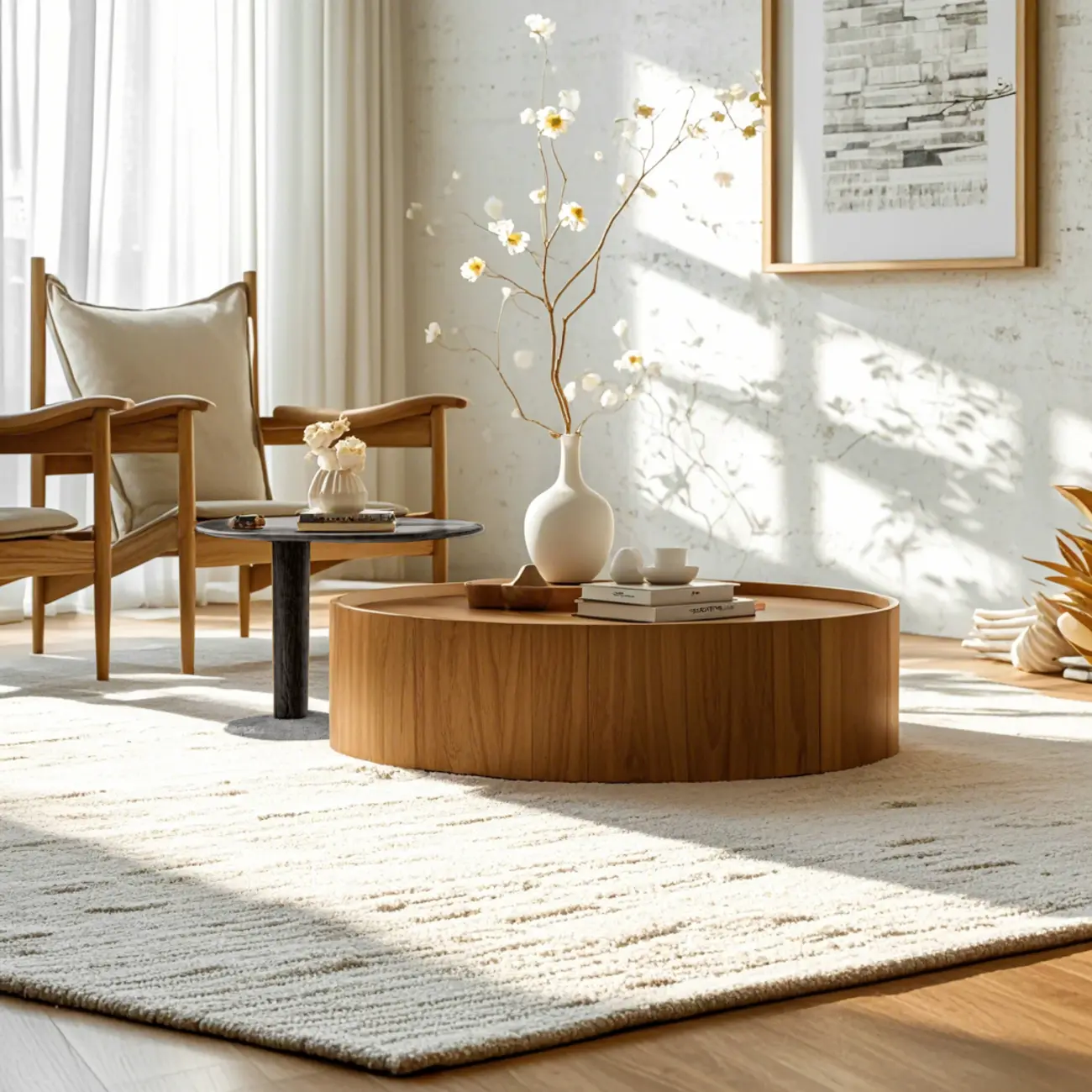 Modern Two-Part Glass Wood Round Coffee Table