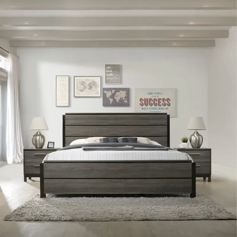 Antique Grey Finish Wood Panel Bed with Two Nightstands
