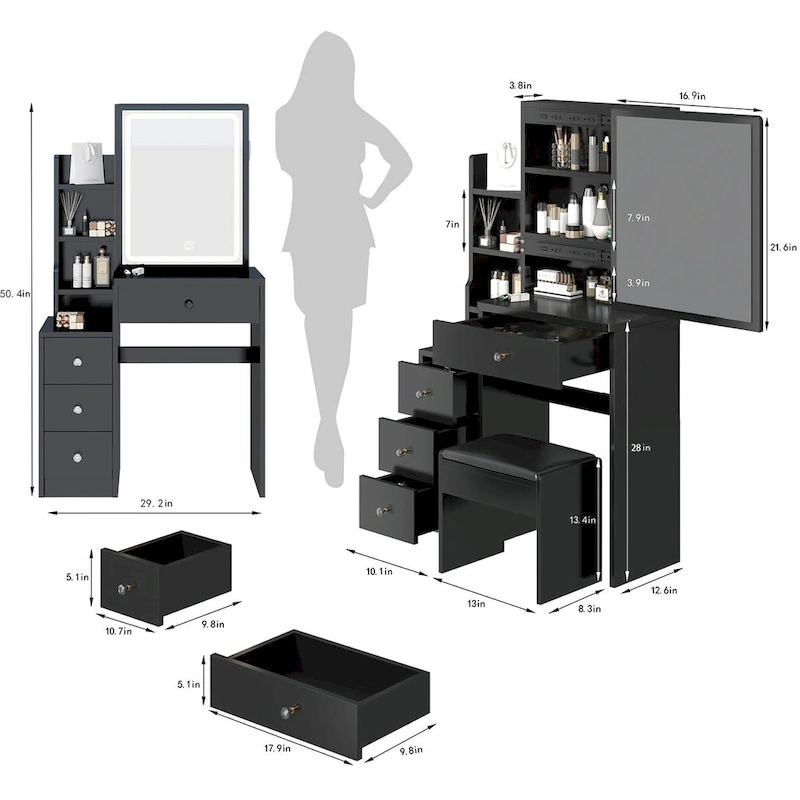 Small Space Vanity Table with Cushioned Stool