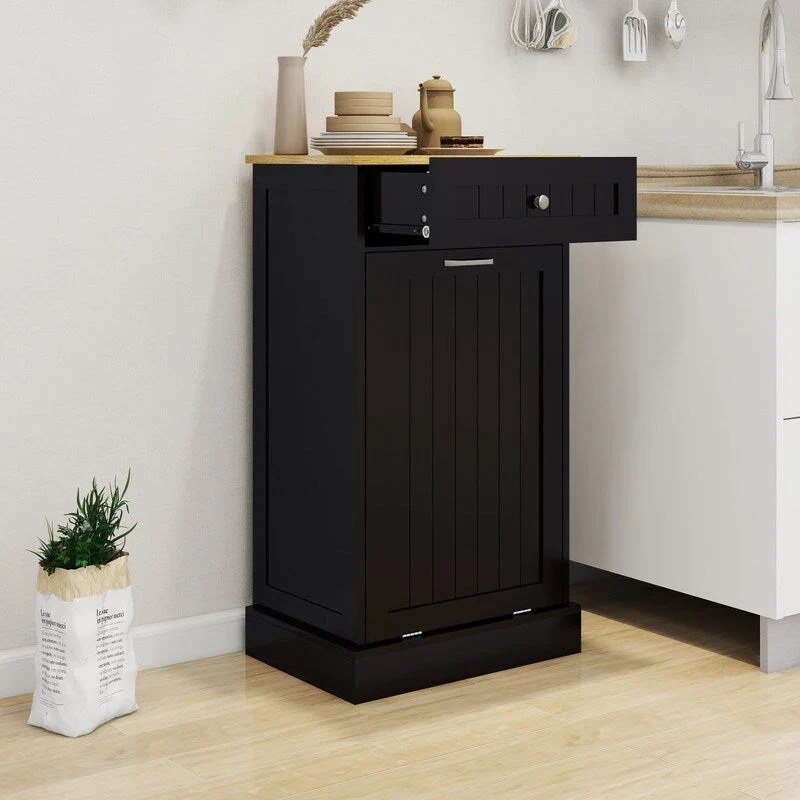 White/Black Tilt-Out Trash Cabinet with Drawer, Single Compartment