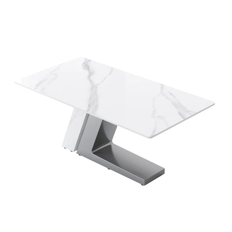 Modern Slate Kitchen Dining Table with White Rectangle Sintered Stone Top and Metal Legs -- 63/71/79