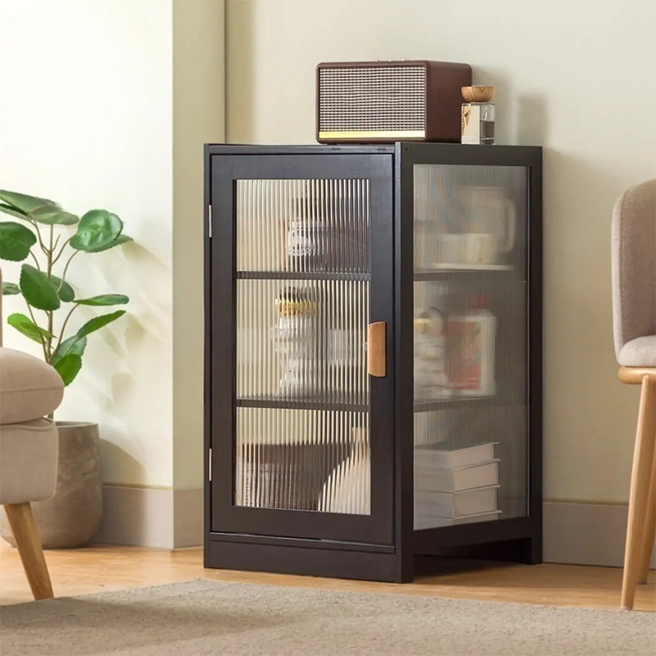 Narrow Adjustable Scandinavian Bamboo Glass Curio Cabinet