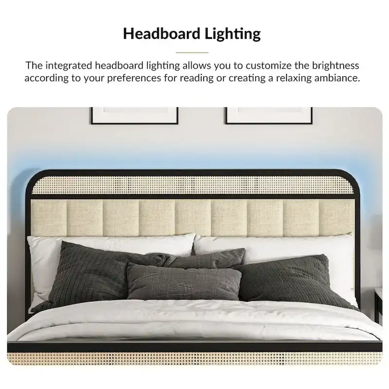 Alphons Modern Solid Wood Frame Ratten Bed with LED Headboard by HULALA HOME