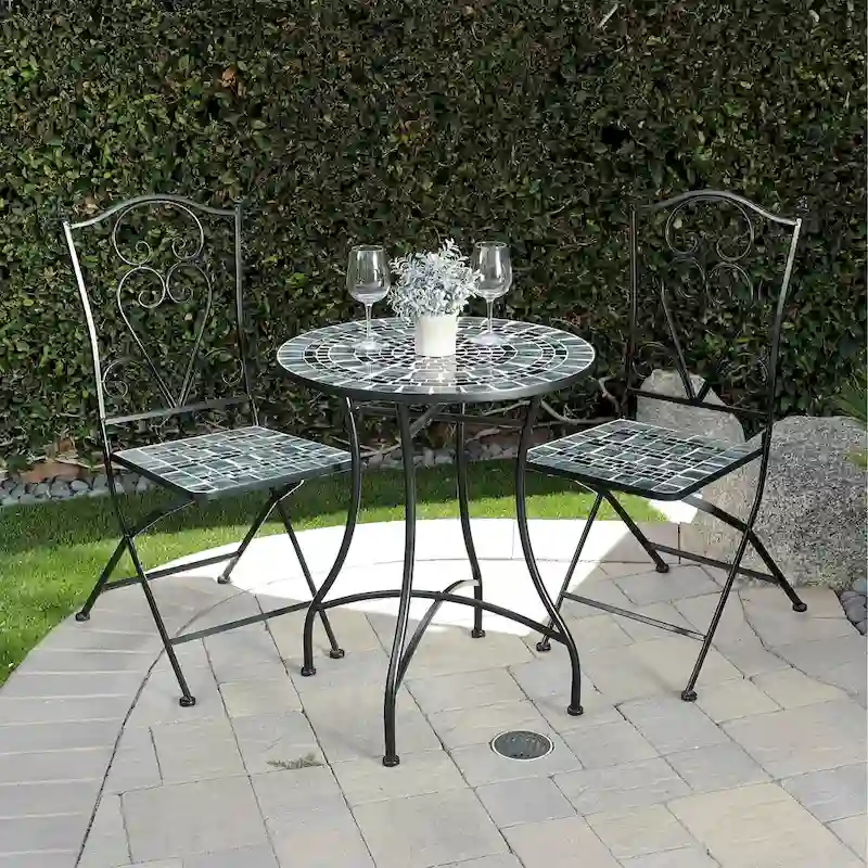 Alpine Corporation Indoor/Outdoor Marbled Glass Mosaic 3-Piece Bistro Set Folding Table and Chairs Patio Seating