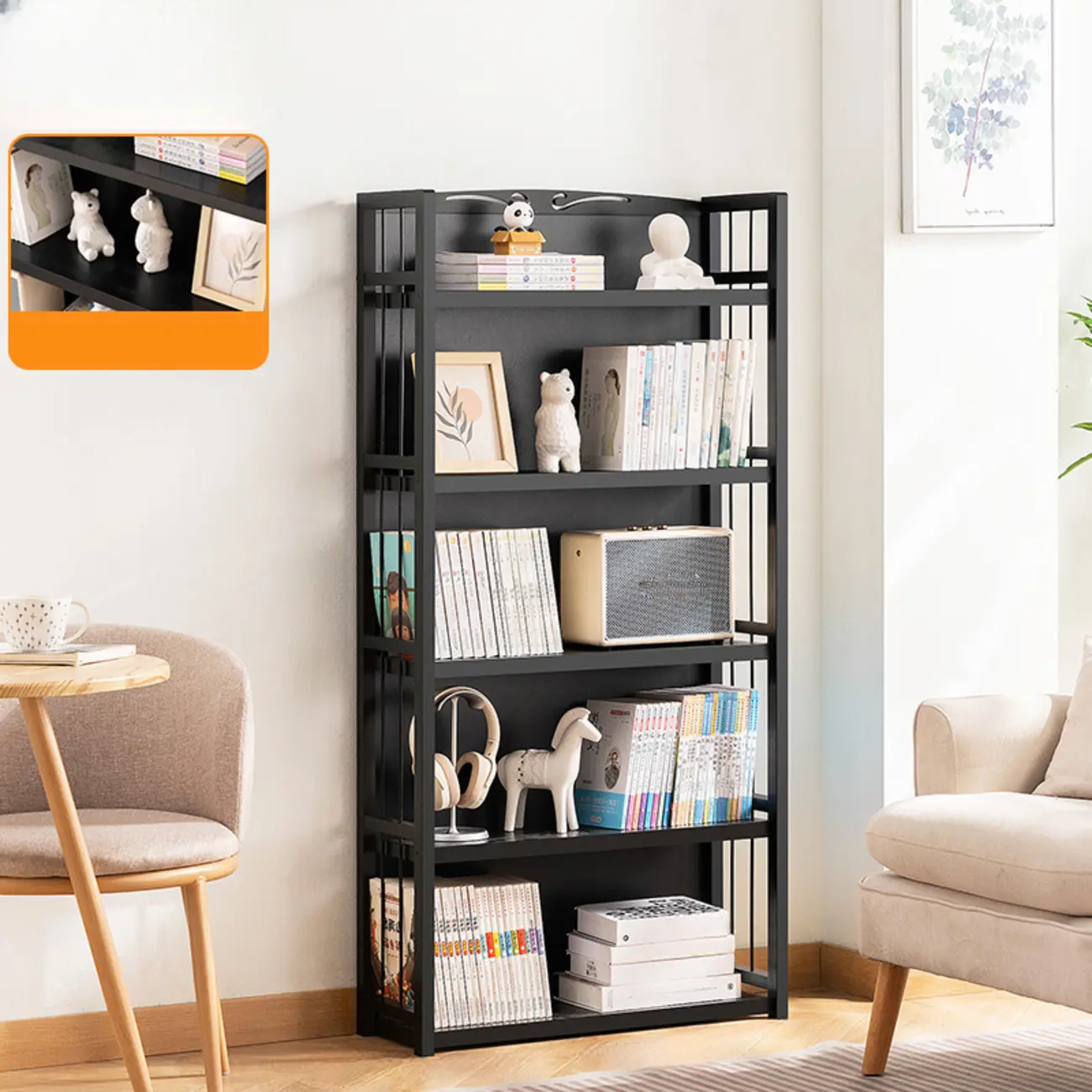 Premium Bamboo Modern Black 5-Shelf Open Bookshelf