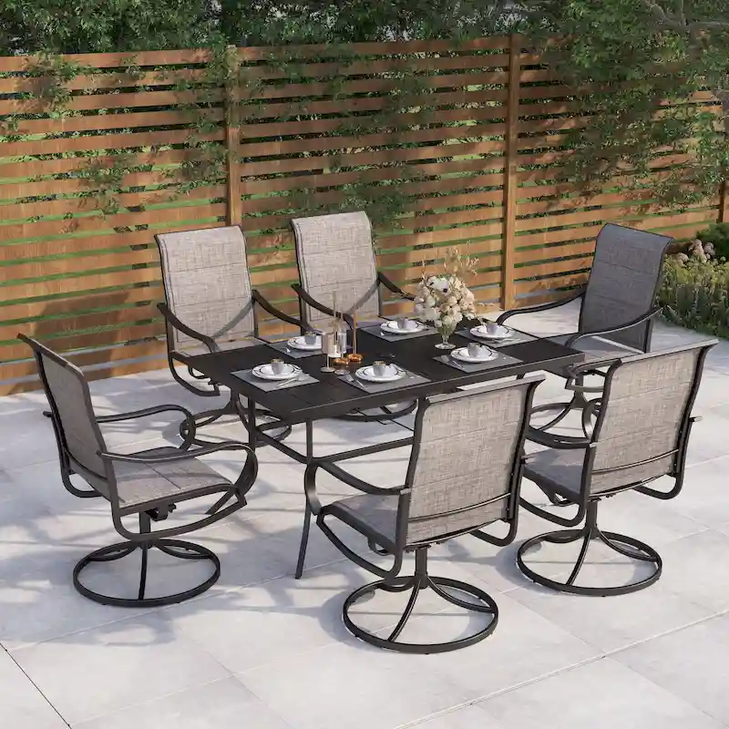 MAISON ARTS 7/8 Pieces Patio Dining Set, 6 x Swivel Dining Textilene Chairs and 1 Metal Table with 2.6