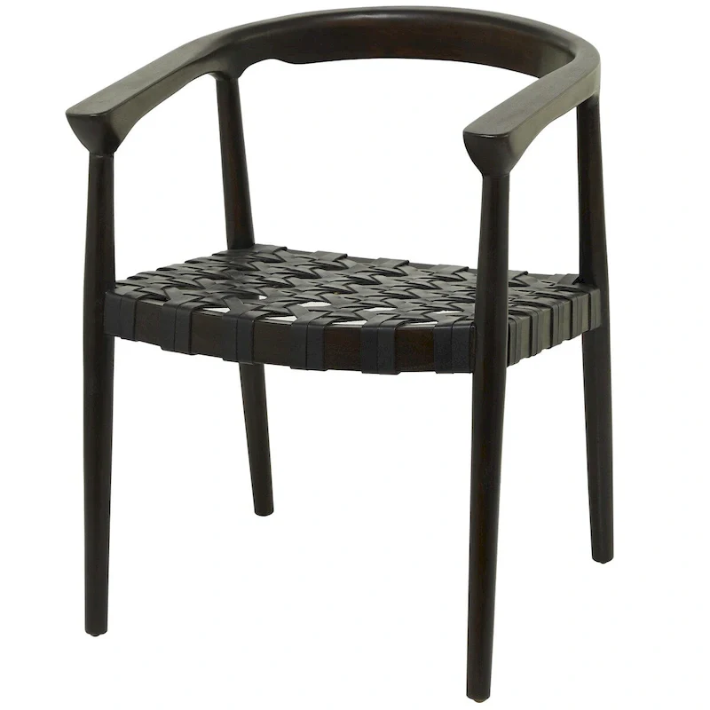 Brown/Dark Brown Handmade Teak Wood & Leather Hide Accent Dining Chair with Armrests, for 1 Person