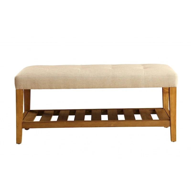 HomeRoots 40 Beige and Brown Upholstered Polyester Bench with Shelves