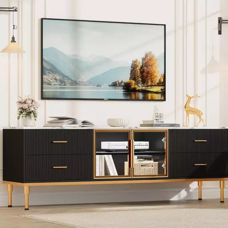 Acekool 65 Inch TV Stand with LED Lights, Modern Console Table with 4 Drawers, Shelves & Glass Doors for 55-75 Inch TVs