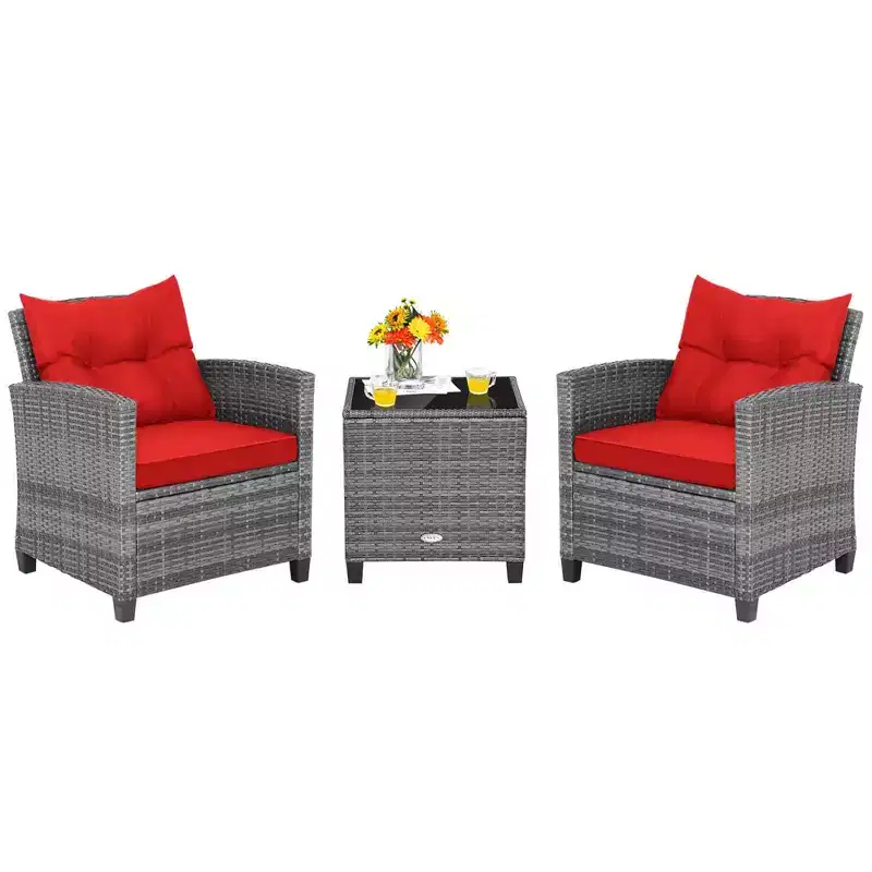 Costway 3PCS Patio Rattan Furniture Bistro Set Cushioned Sofas Side Table Armrest Red/Grey/Navy/Turquoise/Black