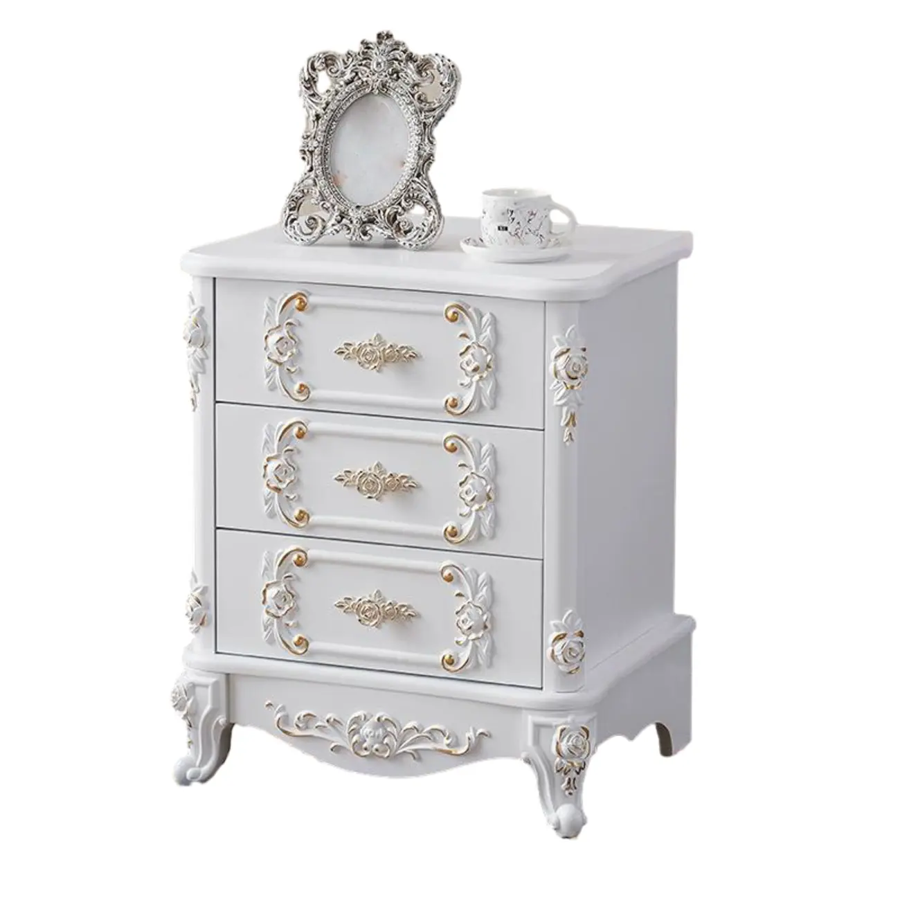 Traditional White Wood Carved 3-Drawer Nightstand