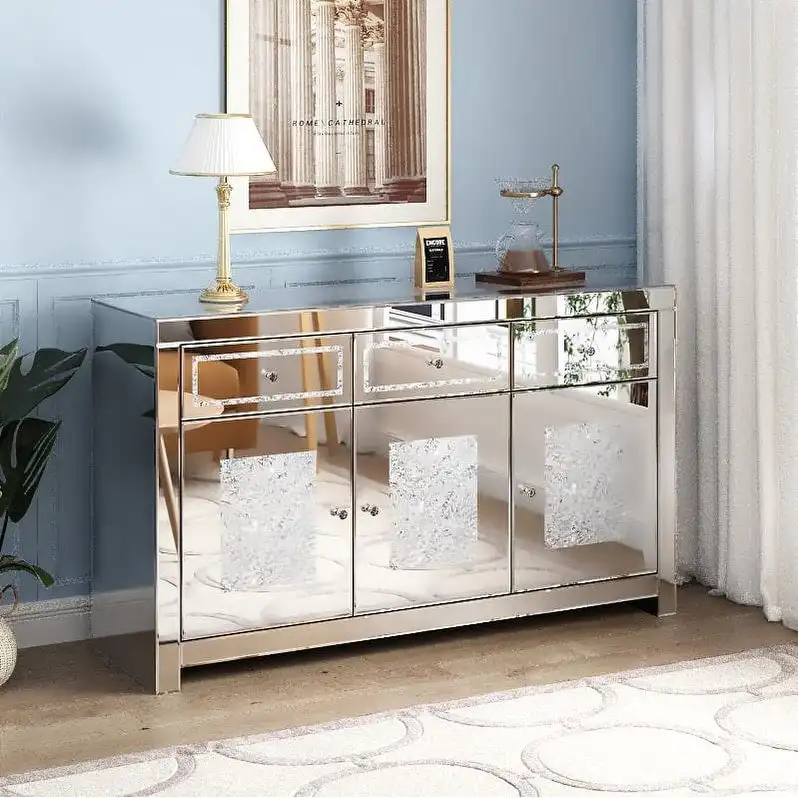 Glam Mirrored Diamond 3-Drawers Accent Cabinet Sideboard