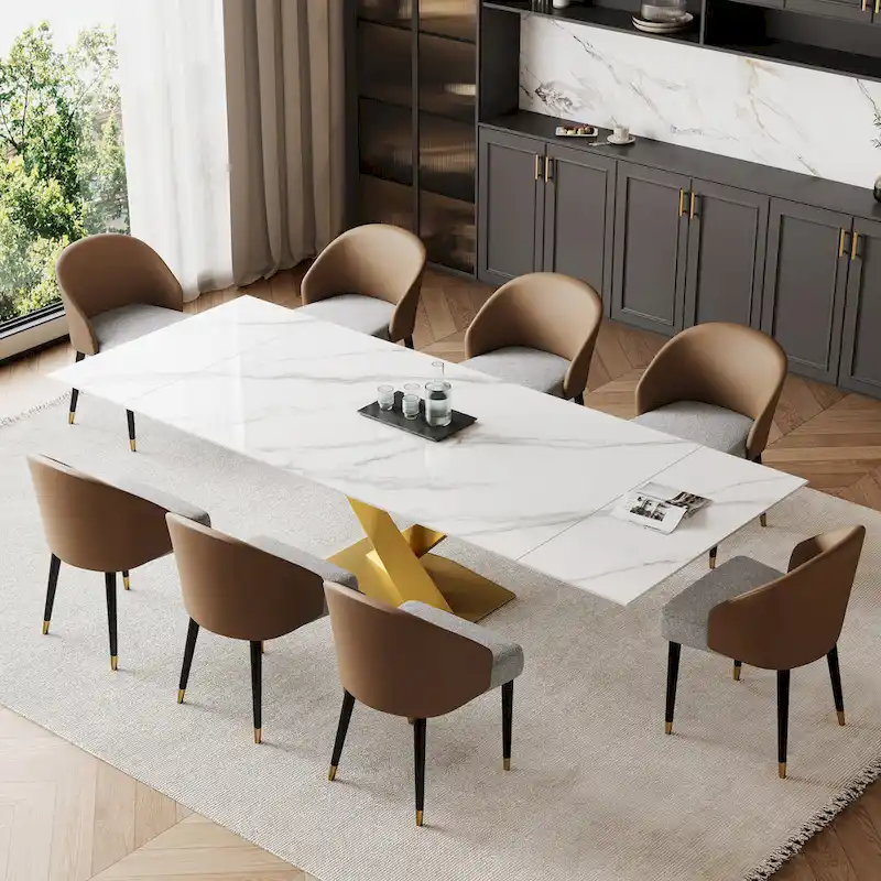 9 - Piece 94.48  Rectangular Extendable Sintered Stone Dining Table with 8 Faux leather Chairs Dining Set