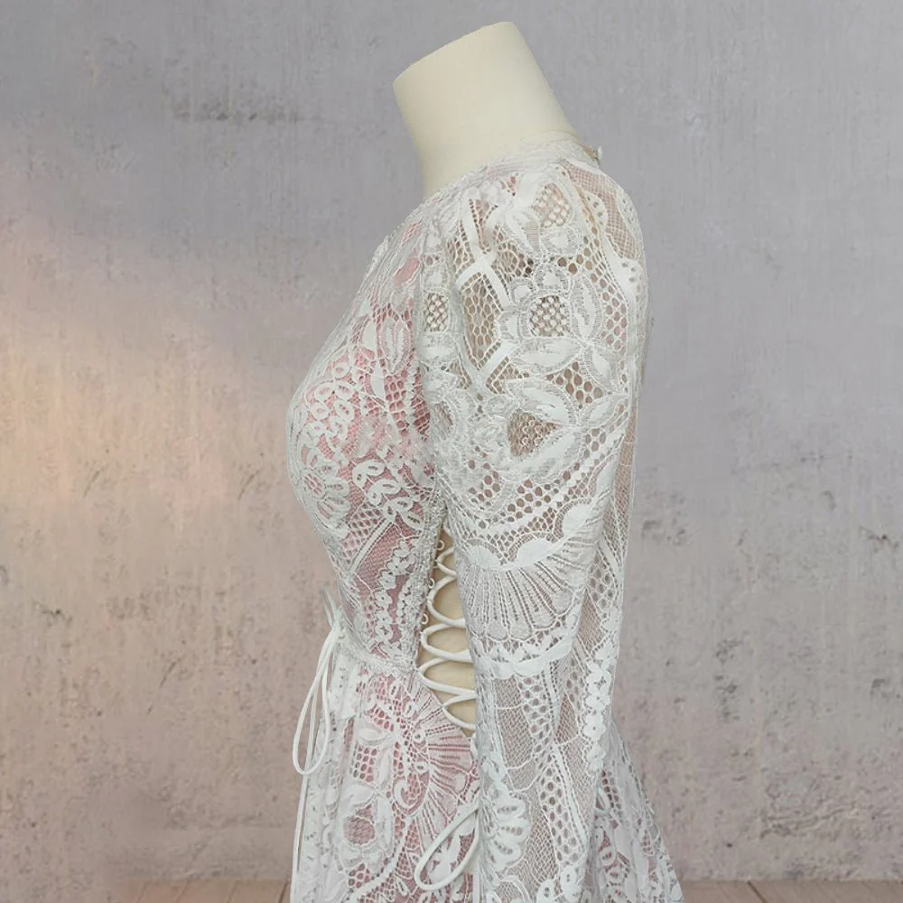 Ruched Bohemian Lace Round Neck Wedding Dress