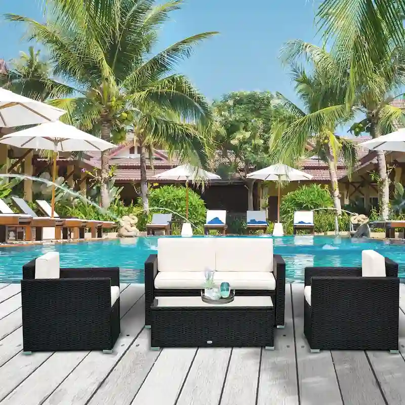 Outsunny 4-Piece Patio Furniture Set with Back Support, Thickly Cushioned PE Rattan Patio Furniture Set