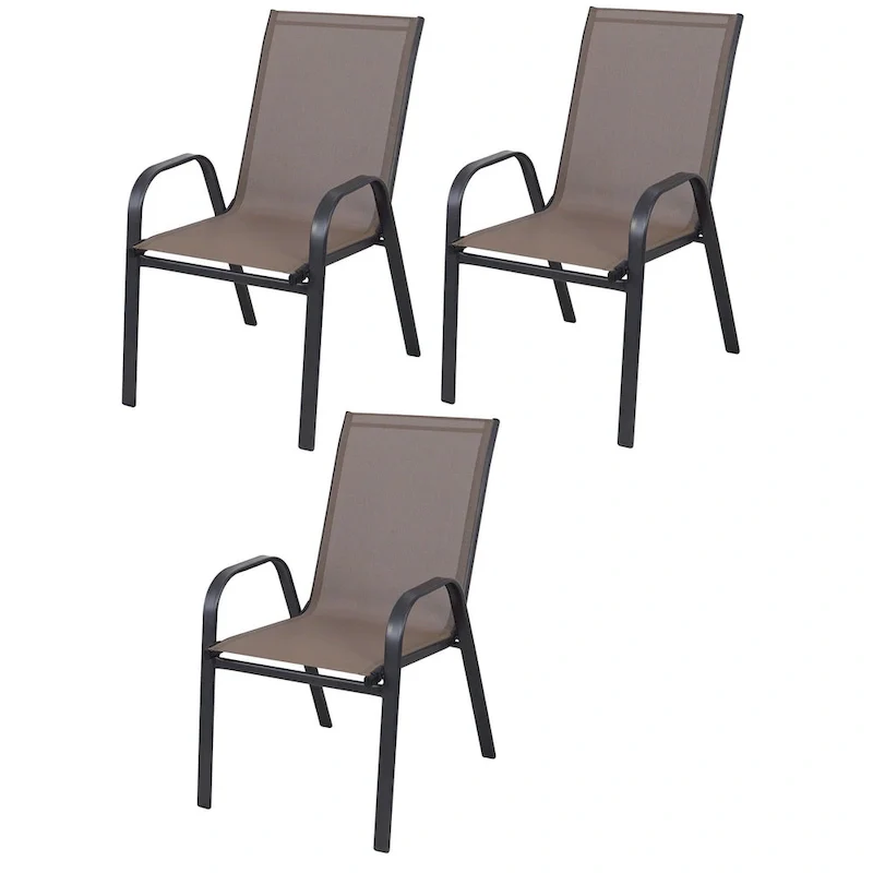 BTEXPERT Indoor Outdoor 3 - Set of Three Brown Restaurant Flexible Sling Stack Chairs, Patio Metal Frame Chair
