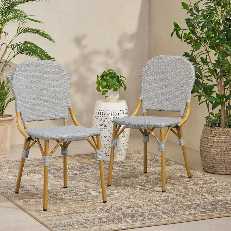 Arthur Outdoor French Cafe Chairs - Aluminum and Wicker - Gray/Bamboo Finish (Set of 2) - 17.75 L x 23.00 W x 34.50 H