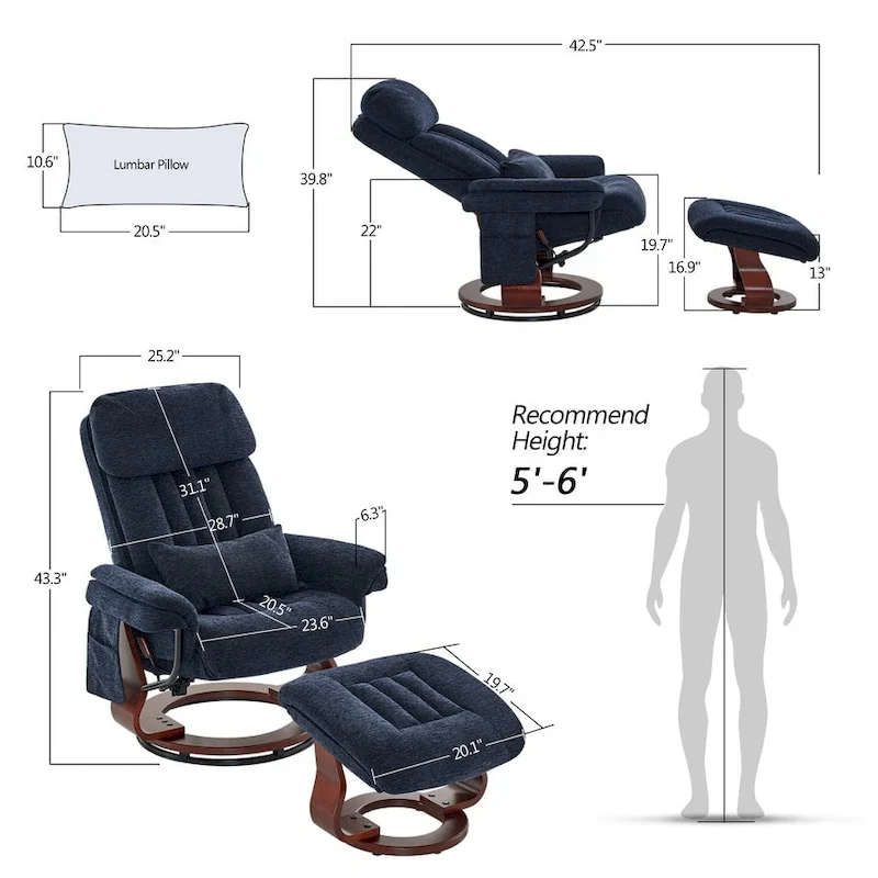 Swivel Recliner with Ottoman, Leisure Office Chair, Ergonomic Lounge chair, Chenille Fabric 4687