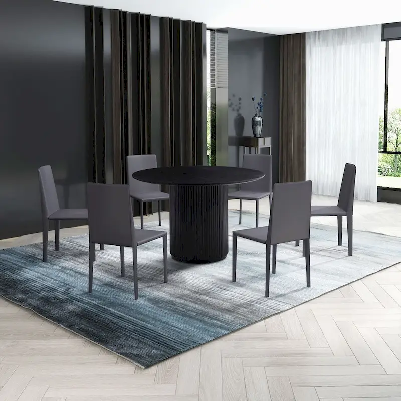 Black Round Dining Table, MDF handcraft Pedestal Dining Room Table